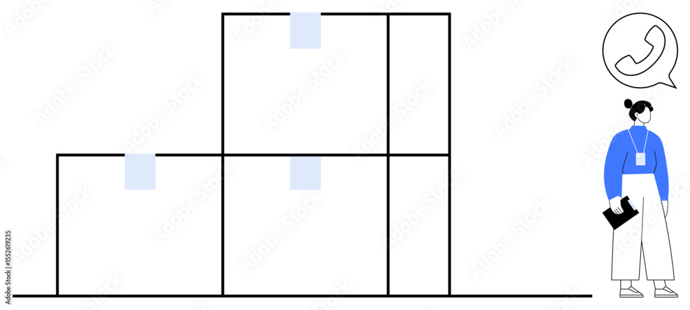 Poster worker in uniform holding clipboard near stacked boxes, communicating via call bubble. ideal for log
