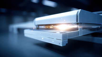 Close up of modern electronic device with glowing light effects showcasing sleek metallic and transparent components futuristic technology minimalistic design high tech equipment digital