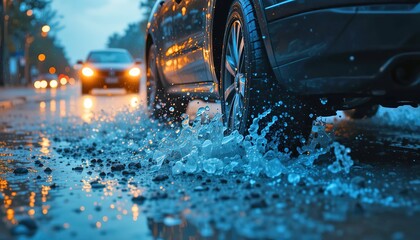 Car drives through puddles after rain at night. Closeup of auto tires and water splash on wet asphalt. Extreme driving in city during a storm. Wet road with car lights reflection, 32k resolution
