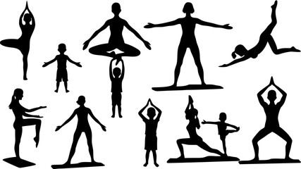 Silhouette illustration depicting people performing various yoga poses and balancing acts