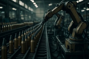 Fototapeta premium Automated Ammunition Manufacturing Robotic Arms Precision Assembly Line in Industrial Factory