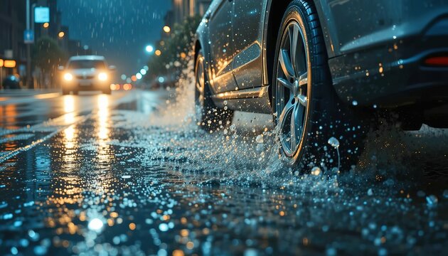 Car drives through puddles after rain at night. Closeup of auto tires and water splash on wet asphalt. Extreme driving in city during a storm. Wet road with car lights reflection, 32k resolution
