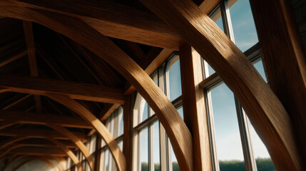 Intricate wooden beams forming arched ceiling with large windows allowing natural light to illuminate space, showcasing craftsmanship and architectural design, creating warm and inviting