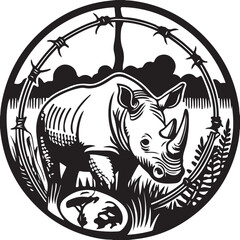 Black and white wild animals, including a cute cartoon cat and rhino illustration, in a funny tribal design