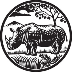 A majestic black and white rhinoceros, an isolated wild mammal, stands with a striped pattern of nature's art