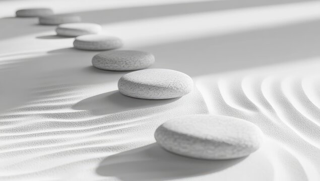 White stones on rippled white sand.  Gentle shadows