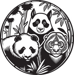 A powerful black vector illustration of a panda's face in the wild woods, featuring tribal tattoo design elements for a nature-inspired logo or art symbol