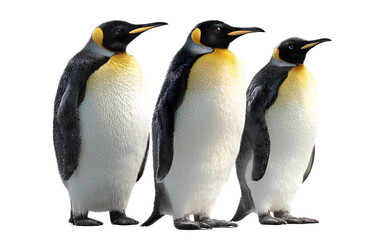 Fototapeta premium Three realistic emperor penguins, transparent background PNG element cutout with no mockup around the edges. No shadows on isolated white background