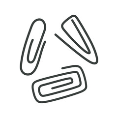 Metal or plastic paperclips, vector set. Black clips for paper, documents, notes. Stationery for school, office. Hand drawn triangular and oval holders. Simple doodle, flat clipart isolated on white