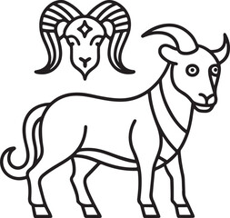 Black and white vector cartoon illustration of a cute farm animal: a cow or a goat