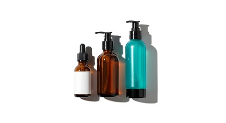 Three cosmetic bottles in amber and teal with pumps and dropper on white.