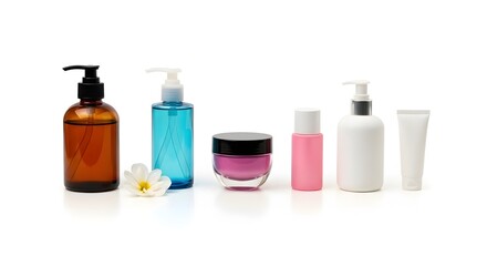 Assorted cosmetic bottles and containers with a white flower on a white background.