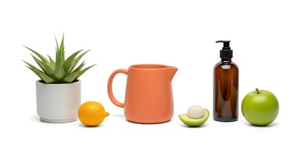 Minimalist still life with aloe lemon orange pitcher avocado amber bottle and green apple.