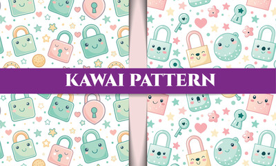 Adorable Kawaii Padlock Seamless Patterns Cute Pastel Locks, Stars, and Hearts Design