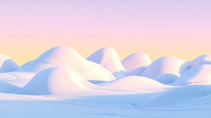 Pastel, stylized, 3D rendered landscape of rounded, snow-capped hills at sunrise or sunset, soft light and color palette.