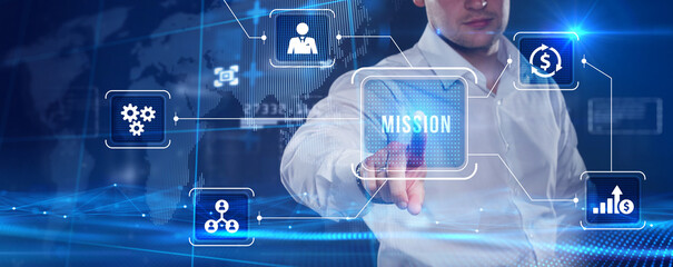 Mission concept. Financial success concept on virtual screen. Business, technology, internet and networking concept.