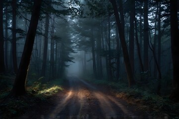Obraz premium Road to the light in dark mysterious forest with fog.