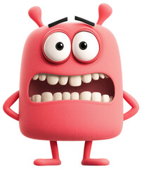 Cute pink cartoon character with big eyes and wide mouth expressing surprise isolated on transparent background.