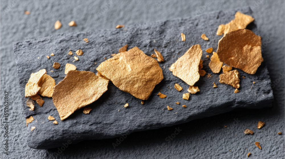 Poster gold dust and shiny gold flakes scattered on dark stone surface in macro view create luxurious and e