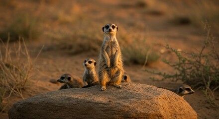 Meerkat family on rock desert landscape