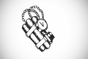 Monochrome sketch dynamite is sitting on gray-gradient backdrop showing analog timer, two straps