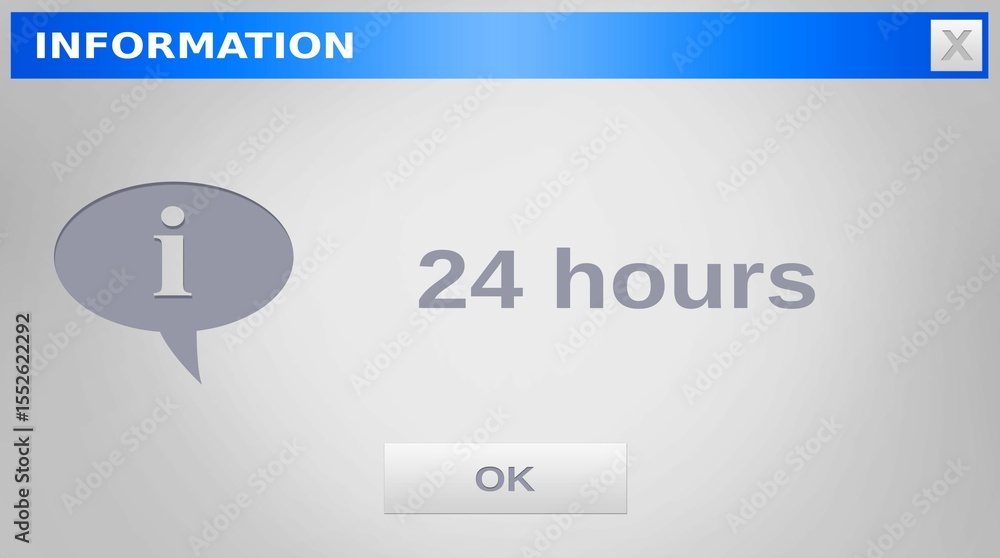 Poster image of information, 24 hours text and ok button on grey website window, copy space