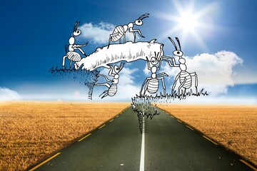 Six cartoon ants are carrying log on grass platform above road under sun in composite illustration