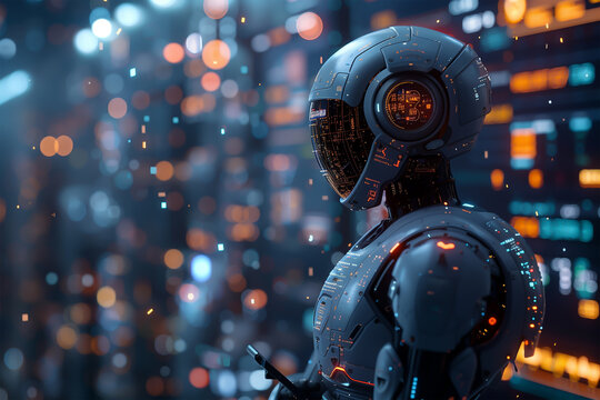 Forex robot trading automatically on a glowing screen, AI concept, futuristic finance technology, 3D render