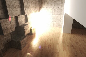 Naklejka premium Minimalist interior is showing concrete cubes on wood floor with lens flare in flat design