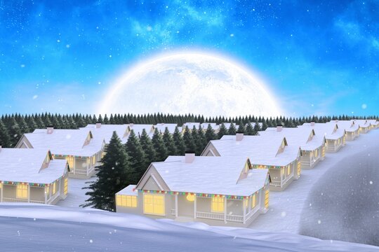 Fototapeta Winter night showing cottages with lights under moon amid pine trees and drifting snow, flat design