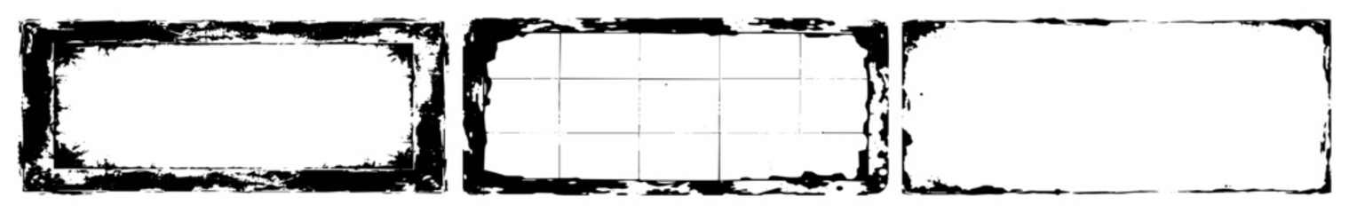 Vector Distressed rectangular frames with grunge textures create a vintage aesthetic.