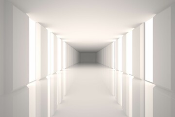 Depicting futuristic white corridor featuring glowing vertical panels and glossy floor in 3D render