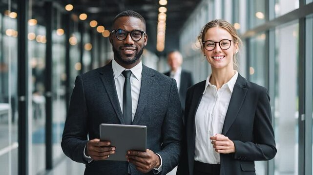 Confident Business Team: Two smiling business professionals, a Black man and a white woman, stand confidently together in a modern office hallway, showcasing diversity and collaboration.