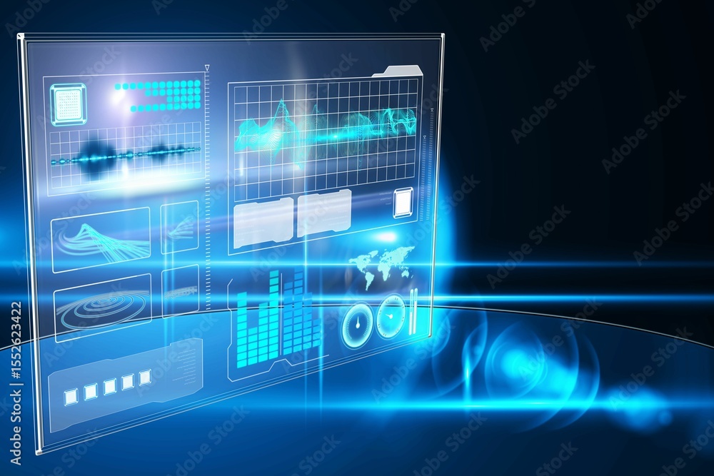 Aufkleber futuristic 3d render holographic interface floating on platform, showing charts, waveforms, gauges