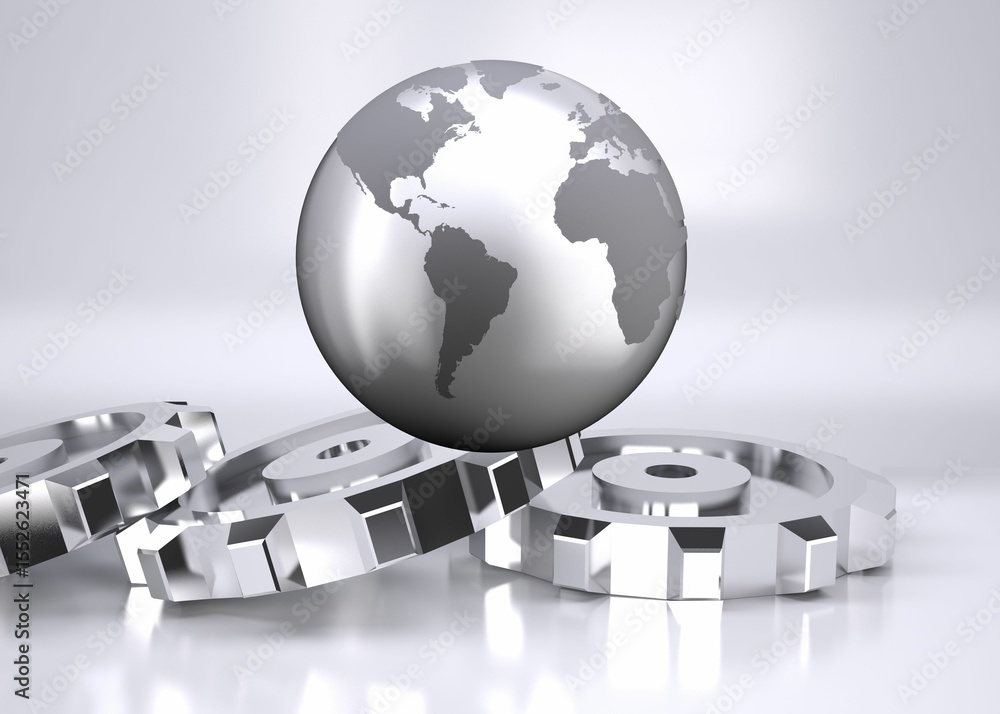 Poster planet on grey background with cogs