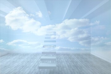 Floating translucent steps are ascending over light gray wood floor into blue sky in flat design