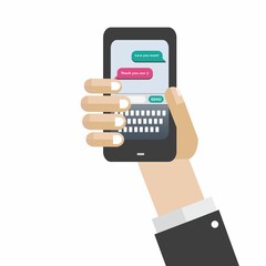 Image of hand holding smartphone with text messages between mother and son, on white copy space