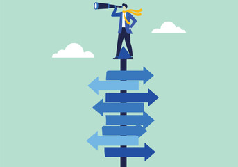 Businessman on a ladder choosing his way under a blank directional signpost in the sky