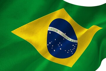 Fototapeta premium Brazilian flag waving in flat design, featuring green field, yellow diamond, blue circle with stars