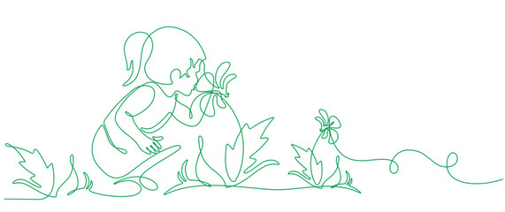 little girl smelling flowers in continuous line drawing style. Little girl squatting to smell flowers. Vector Linear sketch green line isolated on white background.