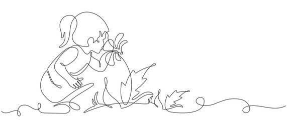 little girl smelling flowers in continuous line drawing style. Little girl squatting to smell flowers. Vector sketch isolated on white background.