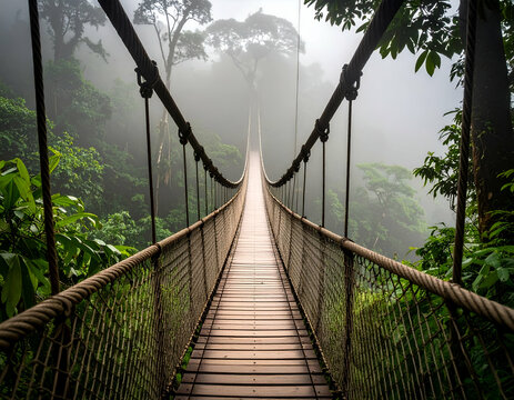 Fototapeta Misty Jungle Bridge A Narrow Rope Bridge Across a Deep Ravine