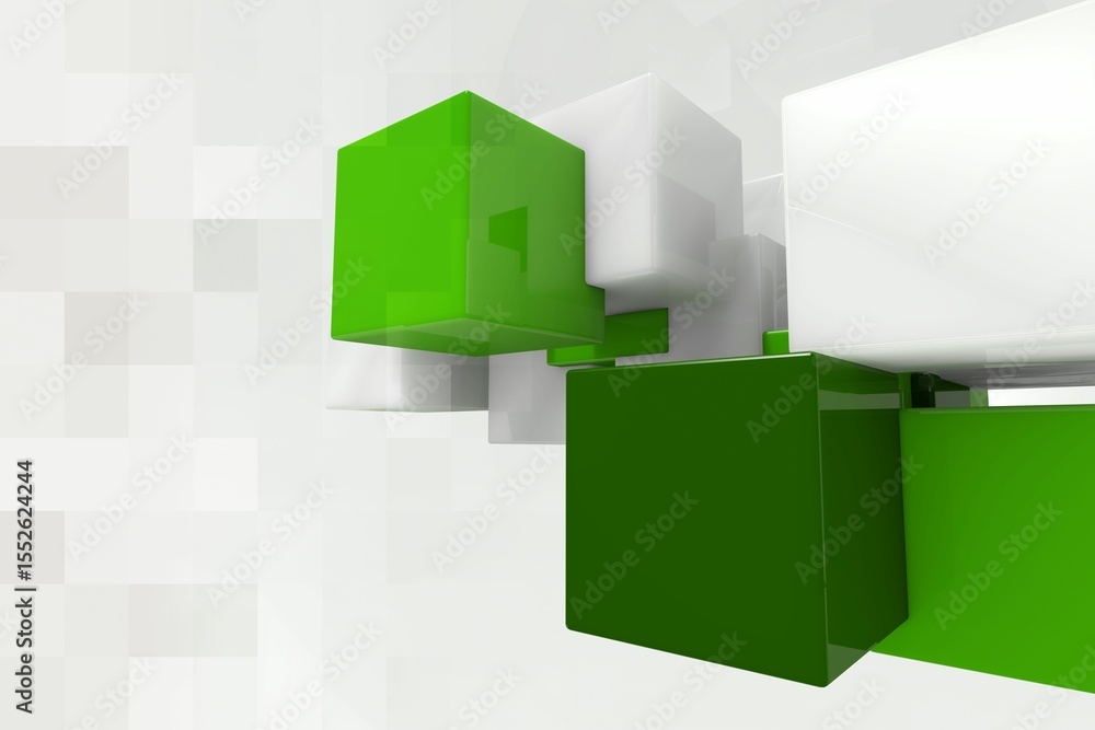 Aufkleber glossy green and white cubes are floating in digital abstract 3d design, with translucent grid