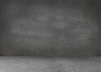 Empty concrete interior is featuring textured grey wall, floor with subtle scratches in flat design
