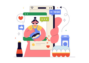 Cooking Blog Vector Illustration Featuring Young People Recording a Cooking Vlog and Preparing Food at Home in a Flat Style Cartoon Background