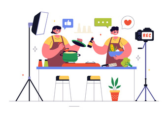 Cooking Blog Vector Illustration Featuring Young People Recording a Cooking Vlog and Preparing Food at Home in a Flat Style Cartoon Background