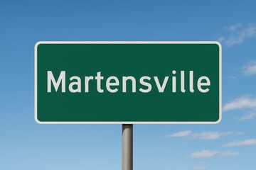 Green road sign displaying "Martensville" under a clear blue sky, indicating city entrance, travel direction, or Saskatchewan location.