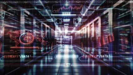 Futuristic interface displaying global data and server room activity - Powered by Adobe