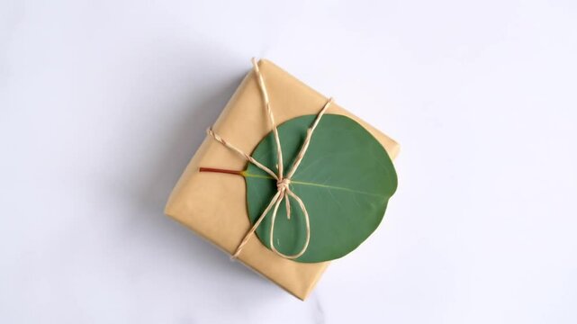 A light beige gift box wrapped in kraft paper, tied with natural twine, and adorned with a vibrant green leaf