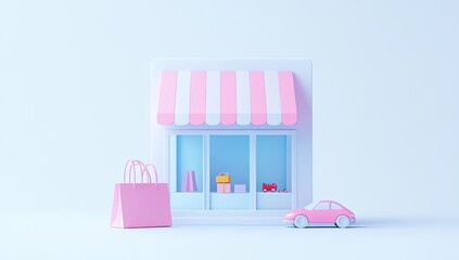 Pastel-toned 3D model of a shop front with pink awning and shopping bag